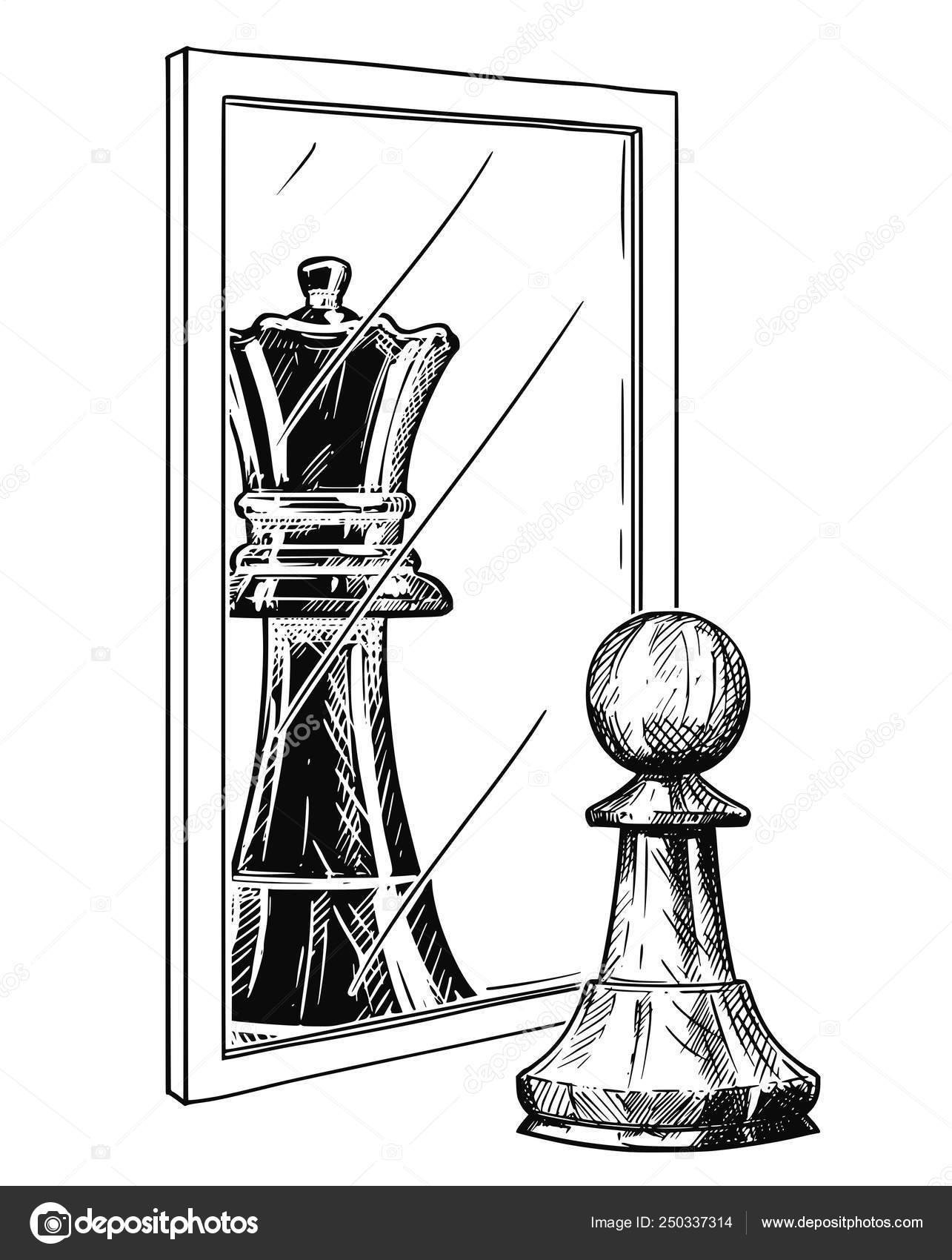Desenho de desenhos animados de peão de xadrez branco refletindo no espelho  como rei negro, metáfora de confiança vetor(es) de stock de  ©ursus@zdeneksasek.com 250337314